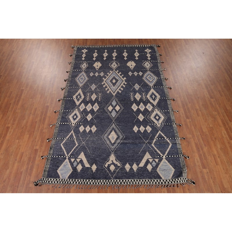 Geometric Blue Moroccan Oriental Area Rug Hand-Knotted Wool Carpet - 7'9" x 12'9"