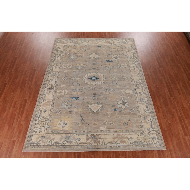 Hand Knotted Oriental 100% Wool Carpet Transitional All-Over Beige & Ivories Oushak Area Rug - 12' 0'' X 8' 1''