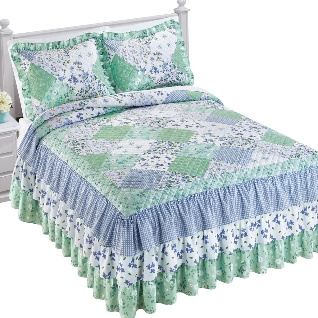 Garden Patchwork Quilt Top Triple Ruffle Bedspread