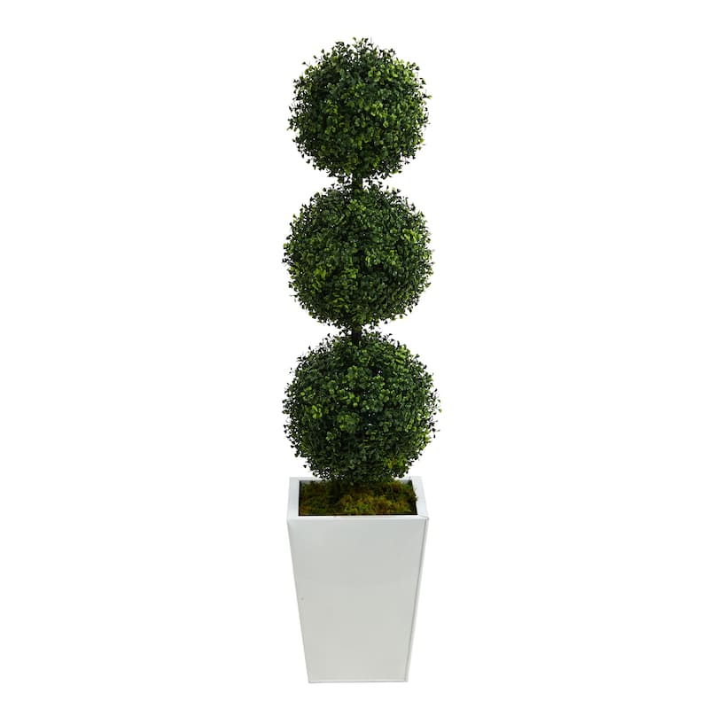 46" Boxwood Triple Ball Artificial Topiary in White Metal Planter - 15"