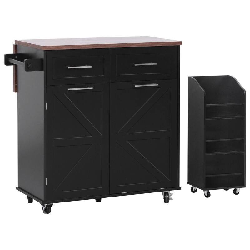 47.2" Rolling Kitchen Island on 5 Wheels with Drop Leaf, Kitchen Island with 2 Drawers, Trash Can Storage