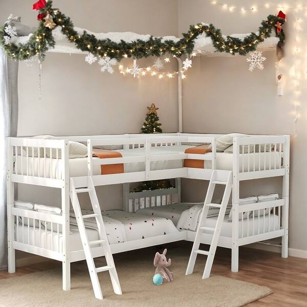 slide 2 of 10, Twin Size L-Shaped Bunk Bed with Ladder, Can Be Separated Into Two L-Shaped Beds, Maximized space, 4 Beds Into One, White White
