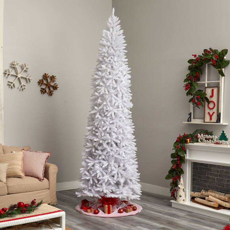 10ft White Christmas Tree Pre-Lit - Slim Artificial Tree with 800 Warm Lights & Bendable Branches - Holiday Decor - 120