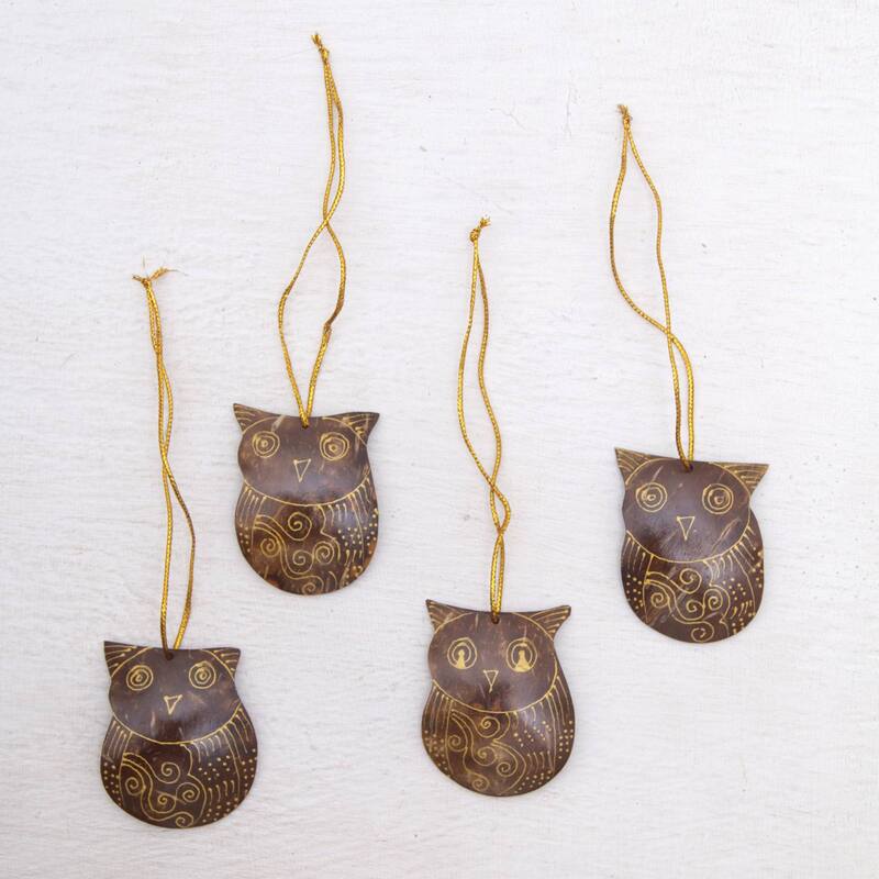 Novica Handmade Watchful Owls Coconut Shell Ornaments (Set Of 4)