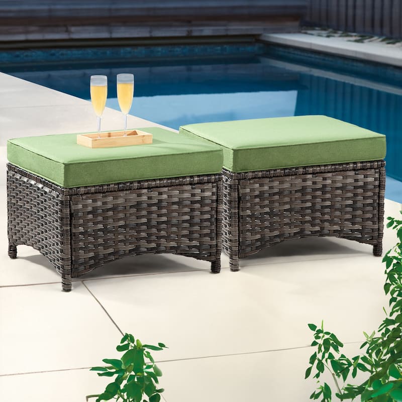 Cozywor 2-Piece Wicker Outdoor Patio Ottoman Set with Cushions