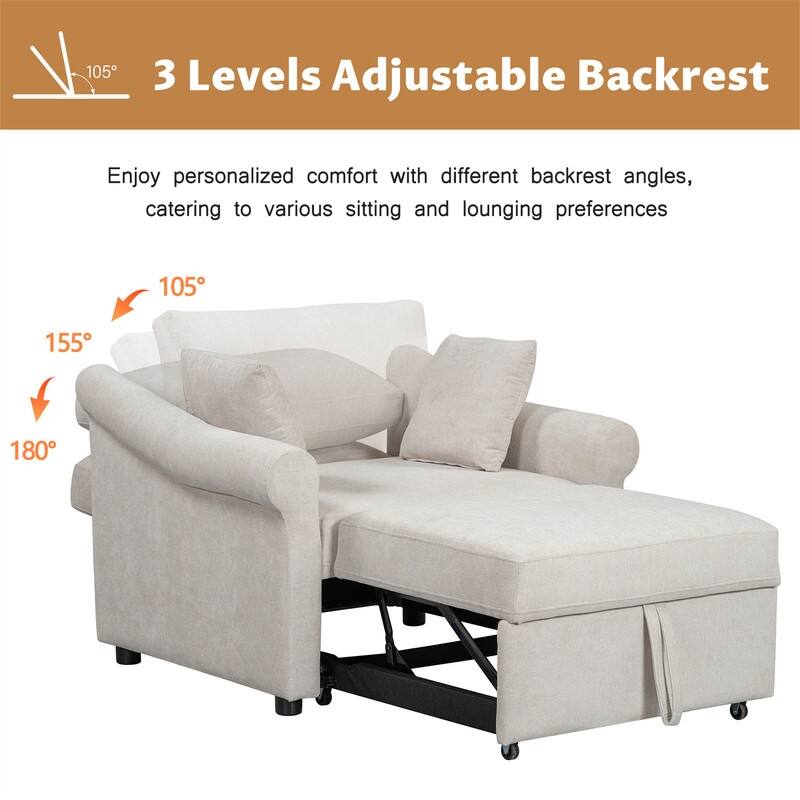 3-in-1 Convertible Sleeper Chair with Adjustable Backrest, Chenille Chair Bed Single Lounger Chair for Living Room