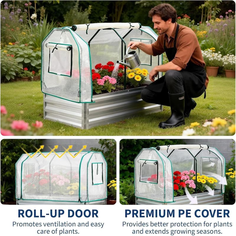 Raised Garden Bed with Greenhouse Cover, Built-in Spray Tube for Vegetables
