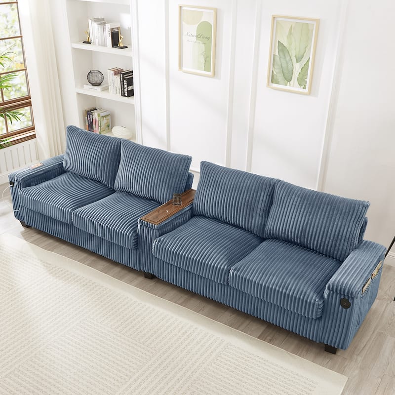 4 Seater Corduroy Sofa Couch with USB Ports and Storage Arms, 133" Modern Sofa with Side Pockets and Flip-Top Cup Holders