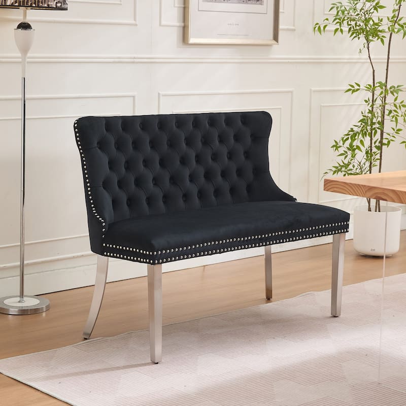 Velvet Double Dining Loveseat Bench, 2-Seat Tufted Bench w/Handmade Buttons, Wing Back, Gold-Plated Steel Legs, Single Pack - Black+Silver