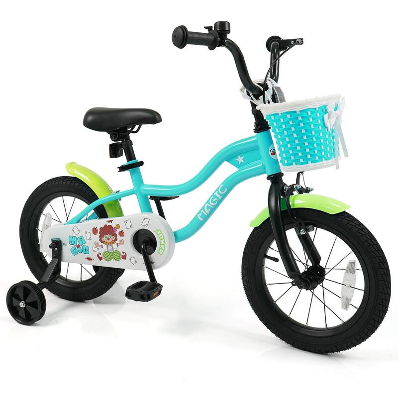 Costway 12”/14”/16”/18” Kids Bike with Training Wheels, Basket, Hand & - See Details - 14” Green