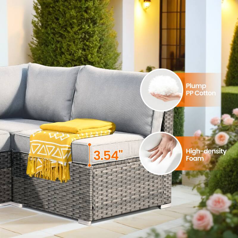 HOOOWOOO 8-piece Grey Wicker Patio Furniture Set Sectional Sofa with Fire Pit Table