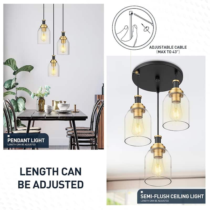 3-light pendant light black & gold hanging lamp glass, metal corridor light