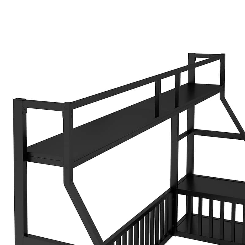 Kids Full Size Floor Bed with Safety Fence, Metal Frame, Desk & Storage - Playhouse Design, Black