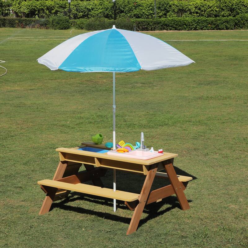 Wooden Kids Picnic Table, Sand and Water Table with Umbrella, Activity Table for Outdoor Backyard Patio Play