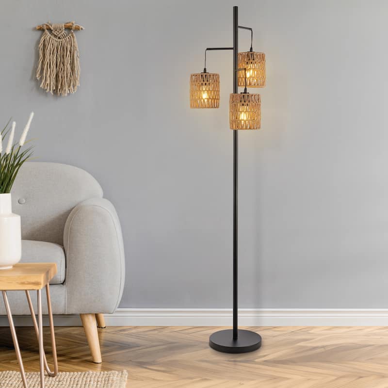 Lara 70.75" 3-Light Mid-Century Bohemian Metal/Rope LED Floor Lamp, Black/Natural, by JONATHAN Y