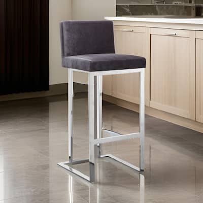 Boly 30 Inch Barstool Chair, Gray Velvet, Foam Cushions, Chrome Steel