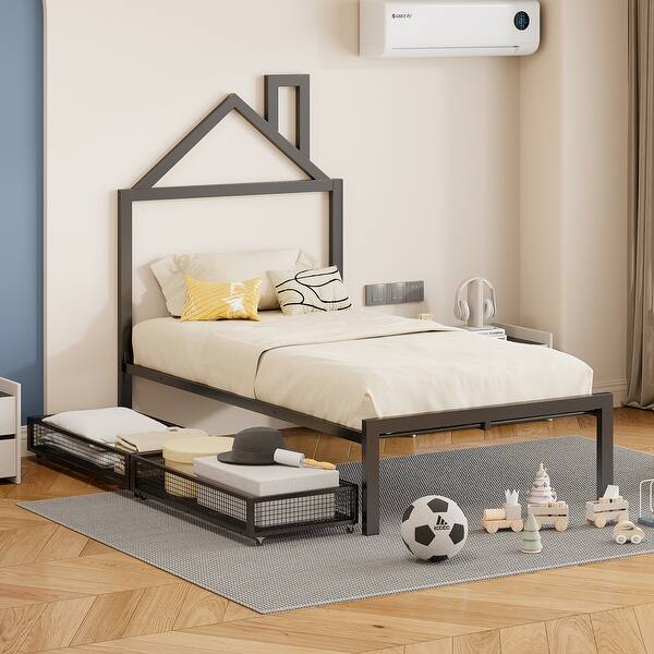 slide 2 of 29, Twin Size Metal Platform Bed Frame with Under Bed Storage Drawers and House-Shaped Headboard for Kids, Teens Black - Twin