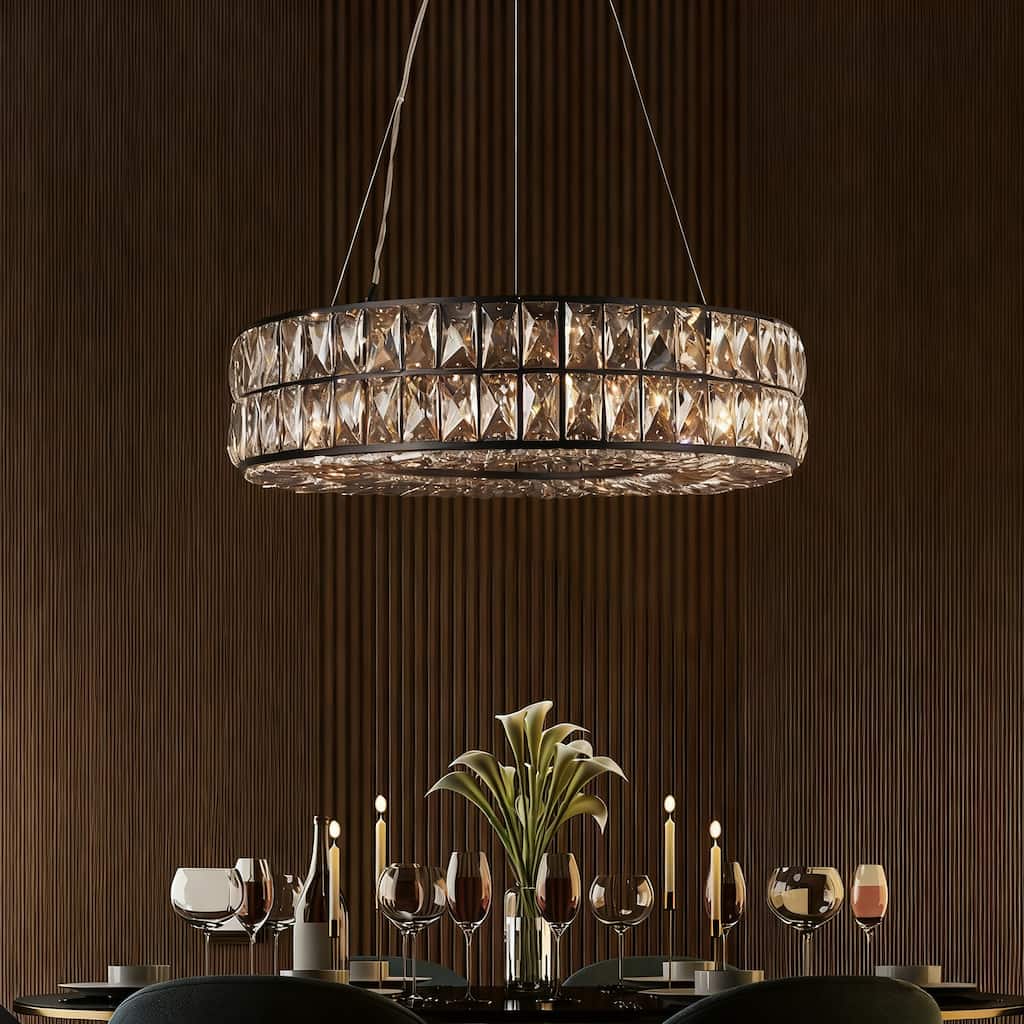Modern Glam 8-Light Crystal Chandelier Black Drum Ceiling Light for Dining Room - D21" x H66"