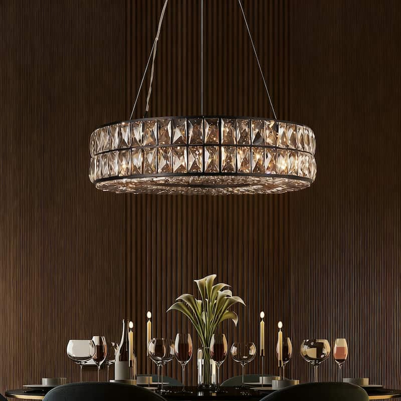 Modern Glam 8-Light Crystal Chandelier Black Drum Ceiling Light for Dining Room - D21" x H66"