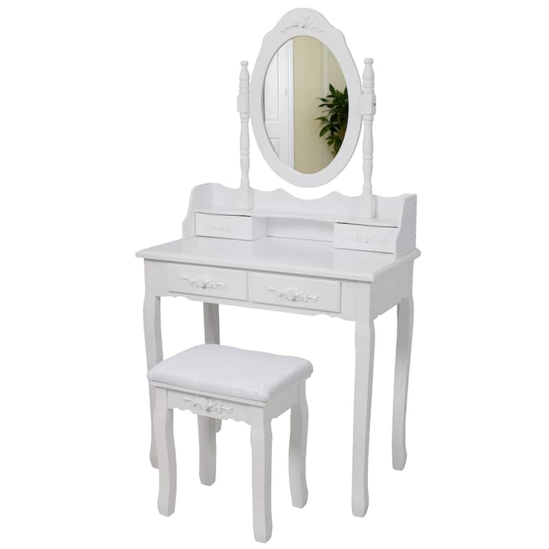 White Princess Vanity Set with Mirror & Cushioned Stool, 4-Drawer Makeup Dressing Table