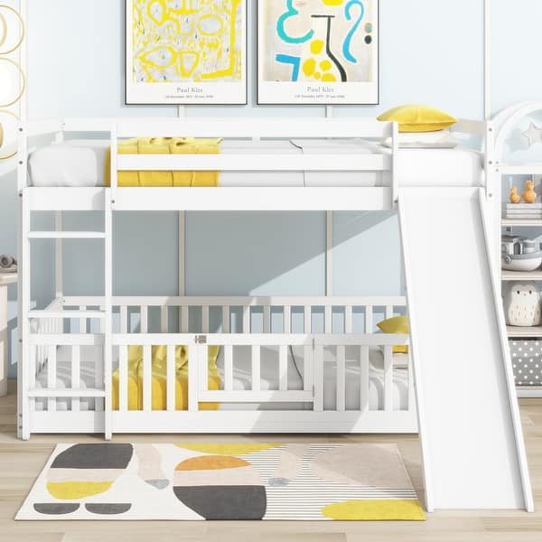 slide 2 of 27, Twin over Twin Size Wooden Bunk Bed with Slide & Ladder & Door, Safety Guardrails Floor Bed, White White