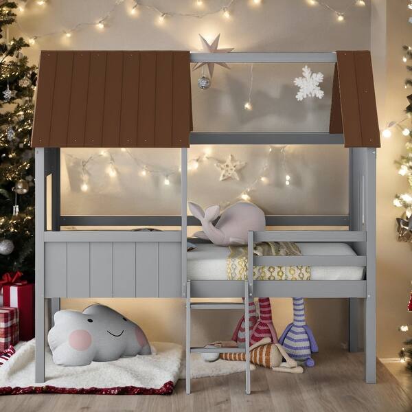 slide 2 of 15, Elegant Twin Size Low Loft Wood House Bed with Two Side Windows, Superior Quality & Better Sleeping Environment, Grey+Brown Brown