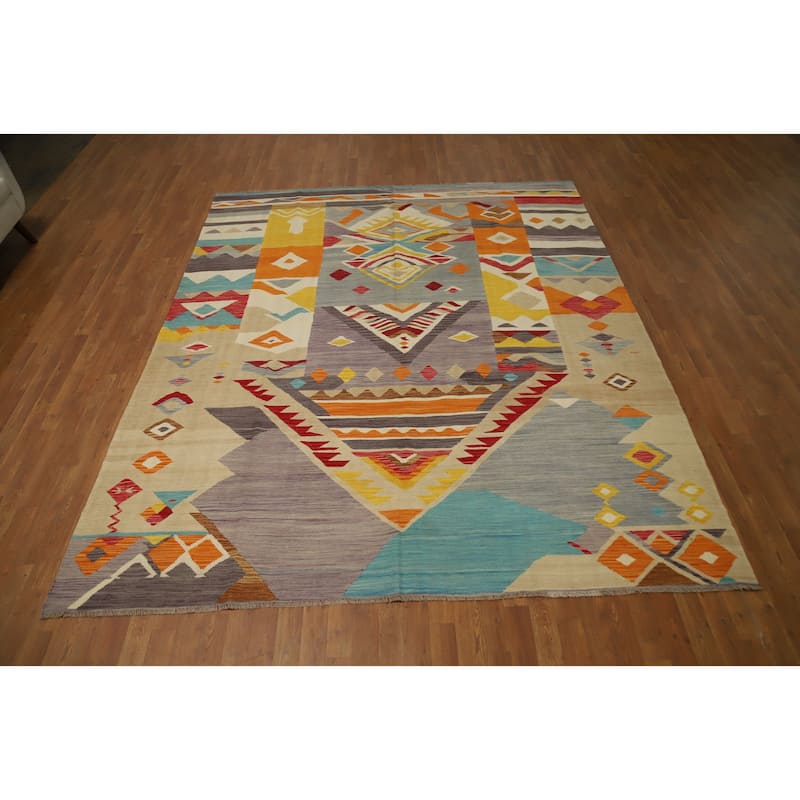 Hand Woven Oriental 100% Wool Carpet Southwestern Tribal Multi-Colored Kilim Area Rug - 9' 8'' X 8' 1''