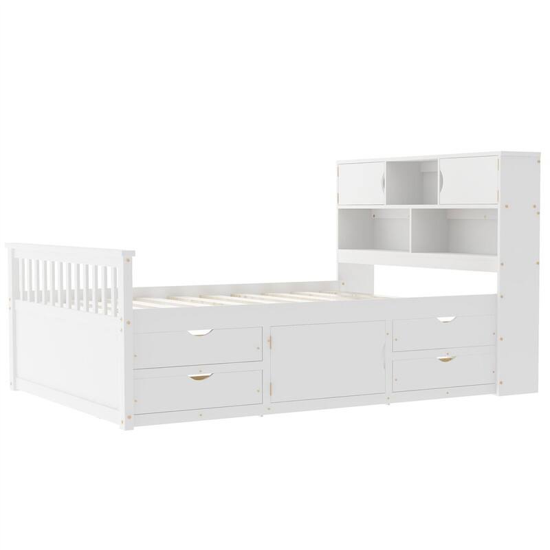 Twin/Full Size Captain Platform Bed with 4 Drawers and Storage Bookcase Headboard, Solid Wood Bed Frame with Storage Shelves