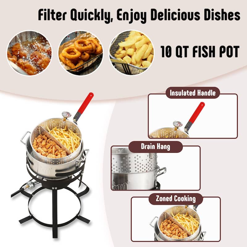 FEASTO 10 Qt Aluminum Outdoor Propane Gas Fryer Pot Kit with Strainer Basket, 50,000 BTU Burner, Perfect for Boiling and Frying