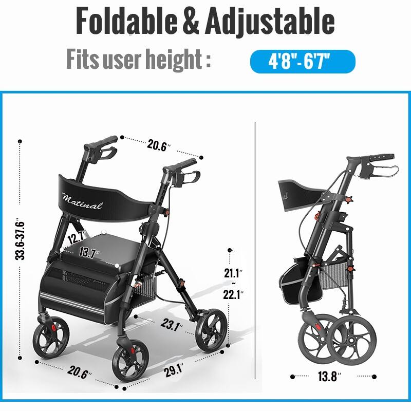 Matinal Foldable Rollator Walkers with Seat for Seniors, 350 lb Capacity, 8'' Big Wheels, 6-Position Height