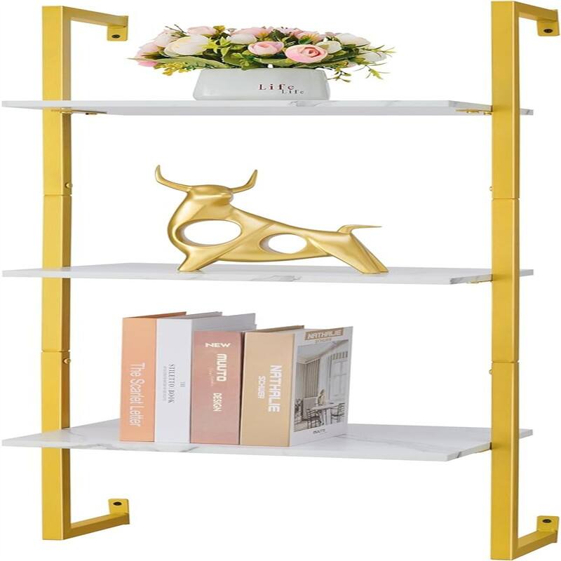 3 Tier Bookshelf Wall Mounted Ladder Shelf - 11.61"D x 16.93"W x 43.31"H - Gold & White