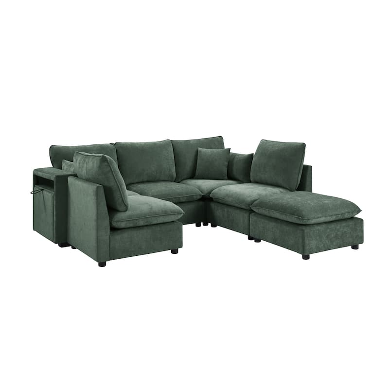 Smooth Chenille Sectional Sofa U-Shaped Modular Sofa Bed L-Shaped Couch with Movable Ottoman, Storage Armrests and USB Ports