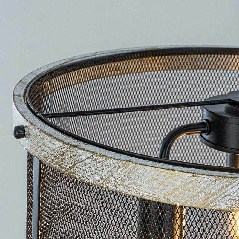 3-Light 16" Black Mesh And Weathered White Wood Frame Rustic Farmhouse Industrial Drum Chandelier Pendant Dining Room - W16''