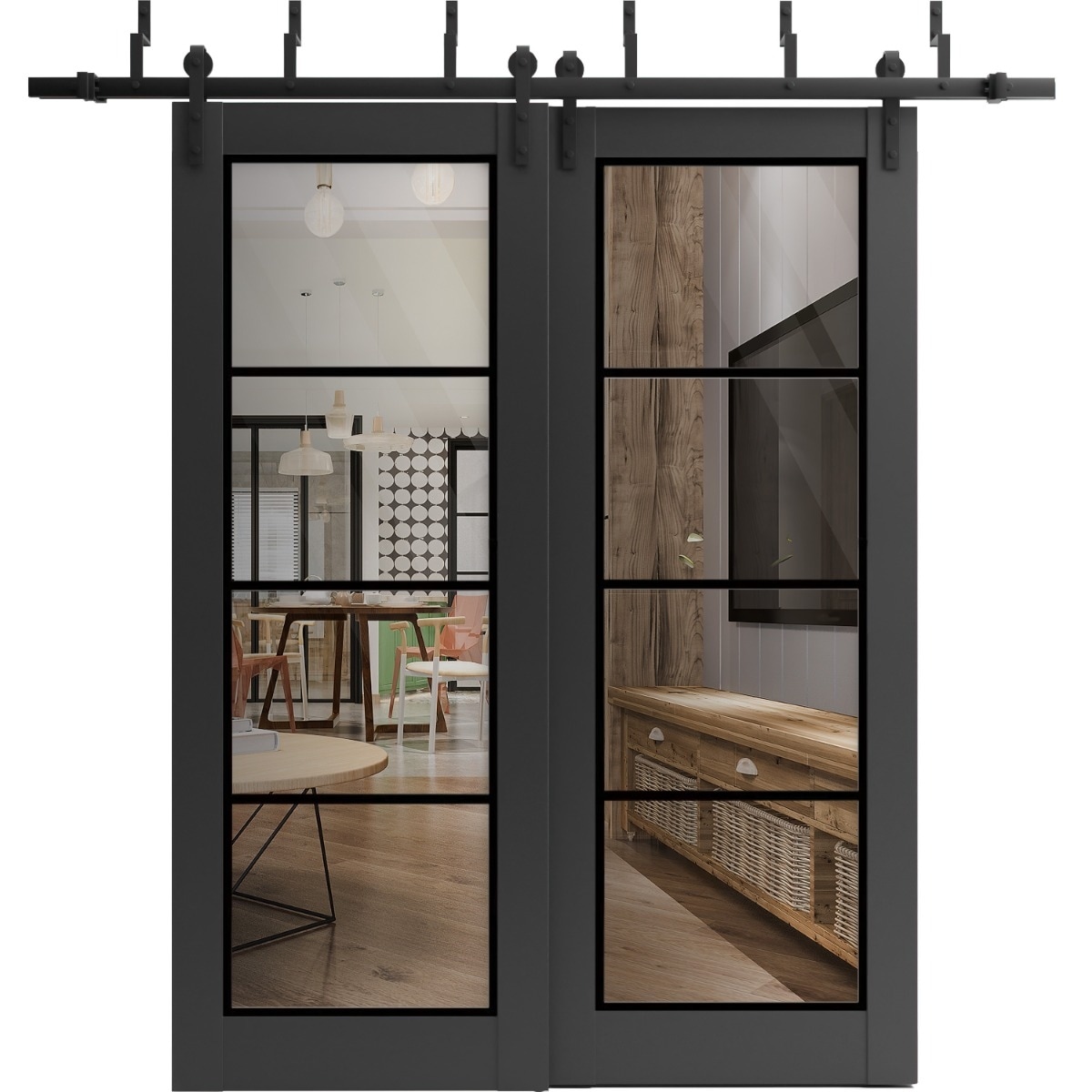 SartoDoors Lucia 2466 | Closet Door Bypass Barn Door | Solid Wood w/ Glass | Hardware Set | 36x80, Matte Black Bedroom Door