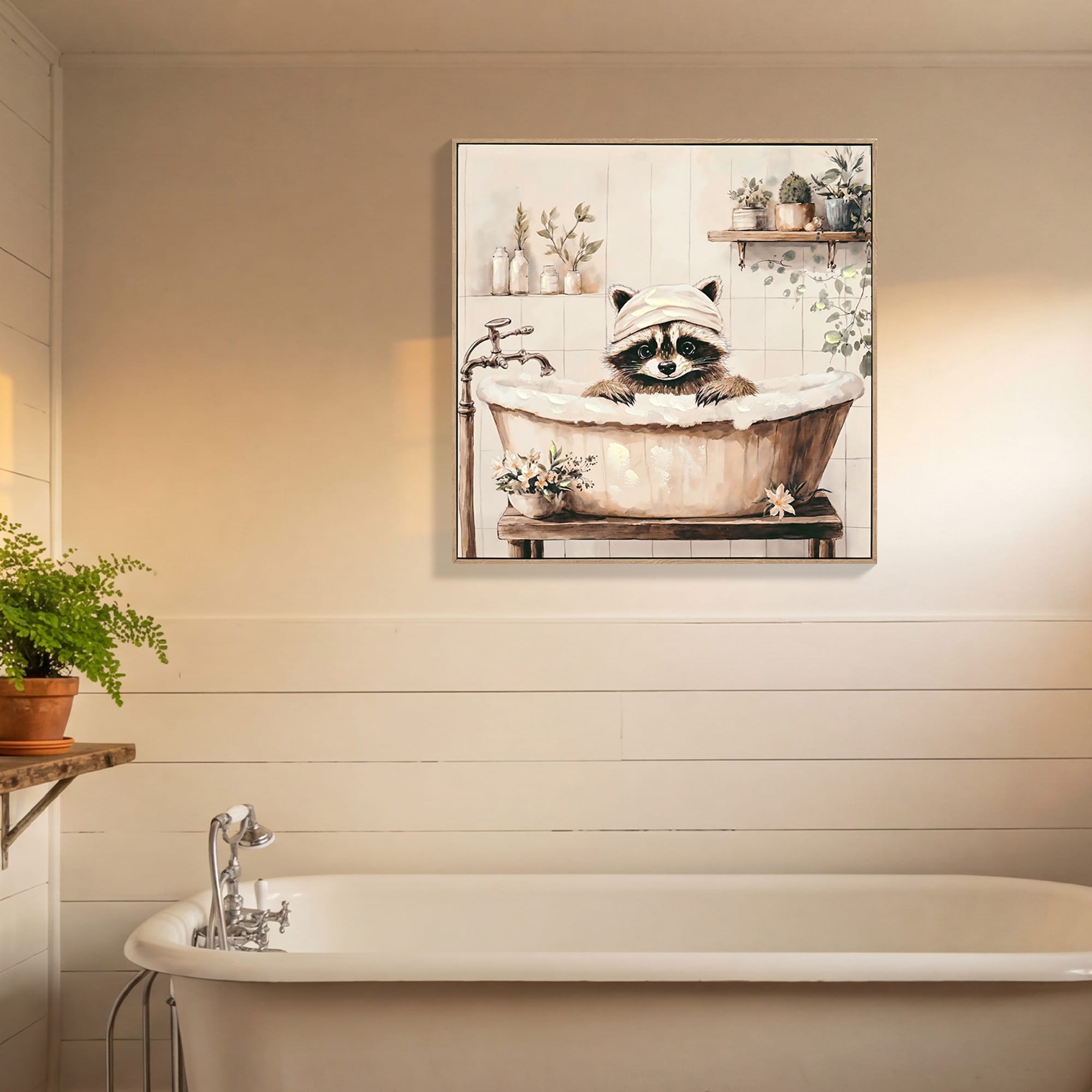 Raccoon Bathroom Canvas Wall Art Raccoon in Bathtub Painting Funny Animal Bathroom Wall Art Black