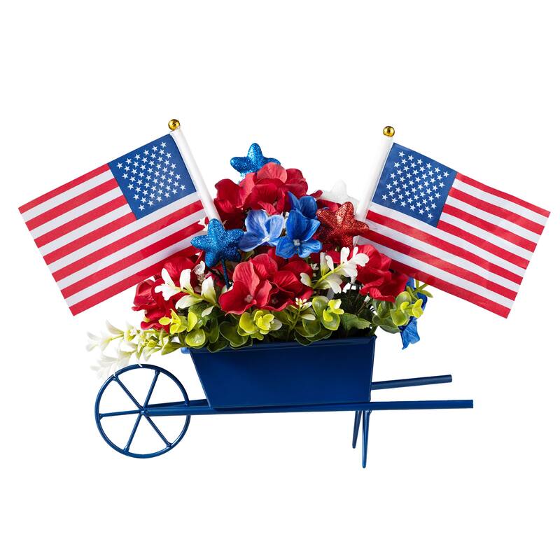 Glitzhome 14"L Patriotic/ Americana Hydrangea Metal Wagon Centerpiece