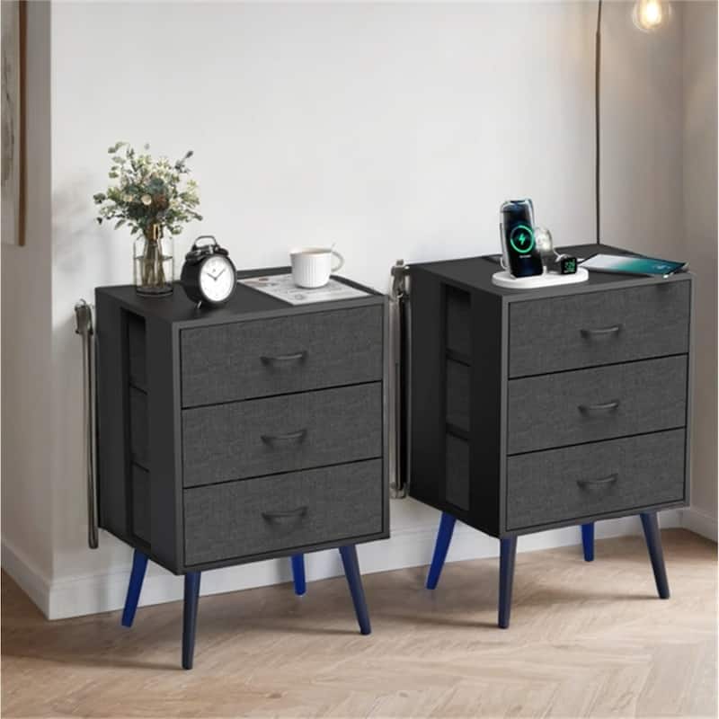 2 Pack Modern LED Nightstand with Charging Station and Fabric Drawers