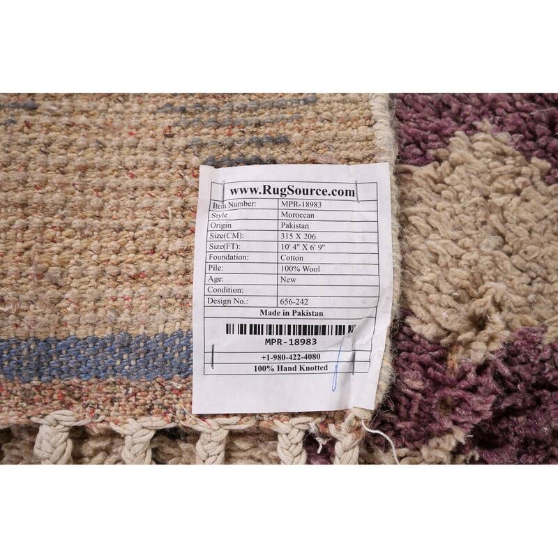 Geometric Plush Moroccan Area Rug Handmade Beige Wool Carpet - 6'9" x 10'4"
