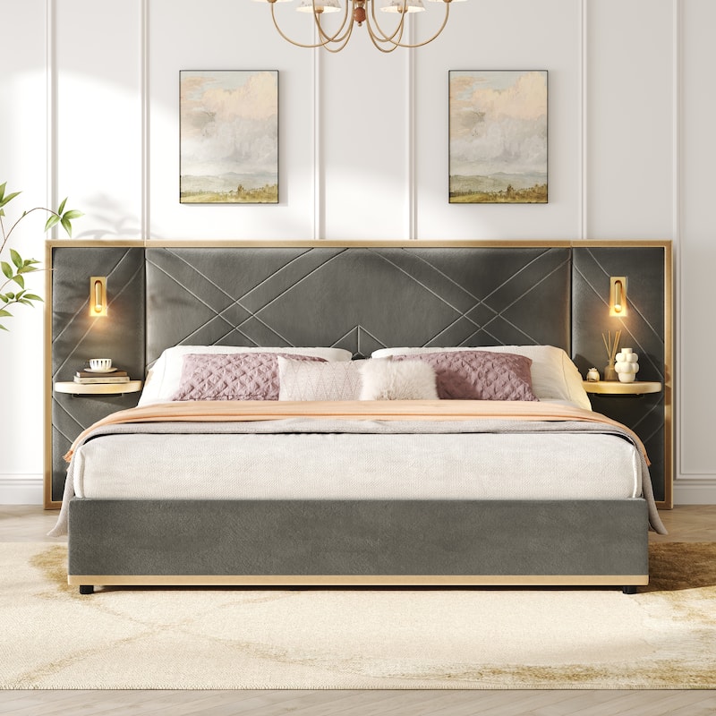 Christopher Knight Home - Voss Velvet Upholstered Bed with 2 Built-in LED Lights and 2 Storage Side Panels