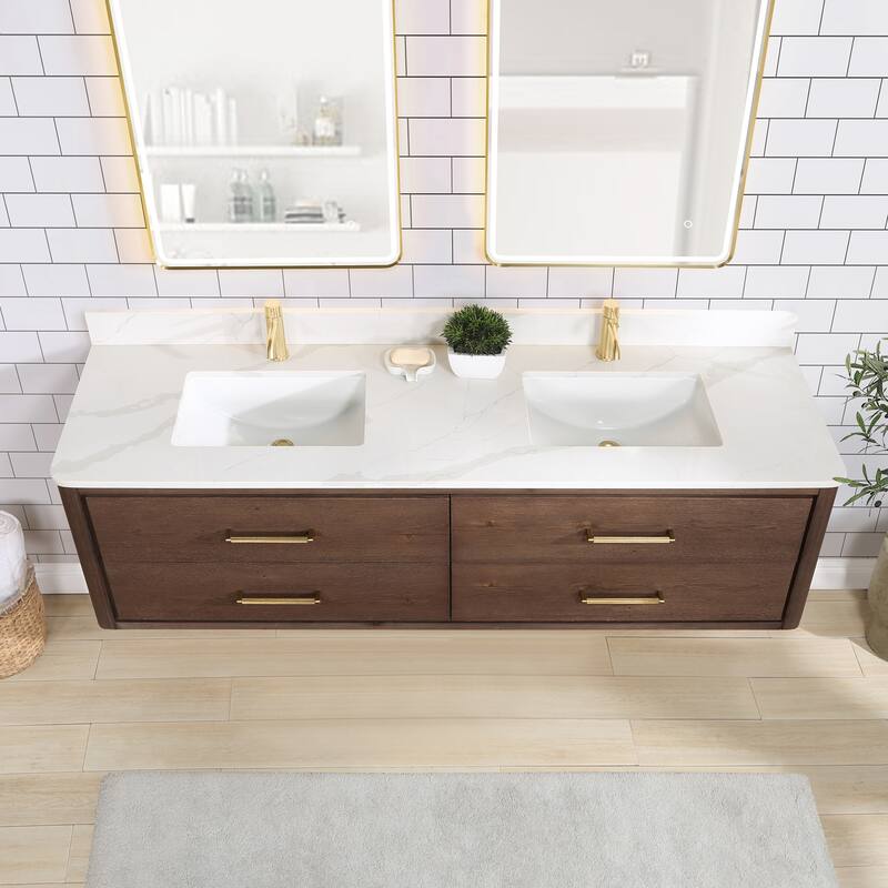 Cristo Floating Bath Vanity with White Quartz Stone Top without Mirror