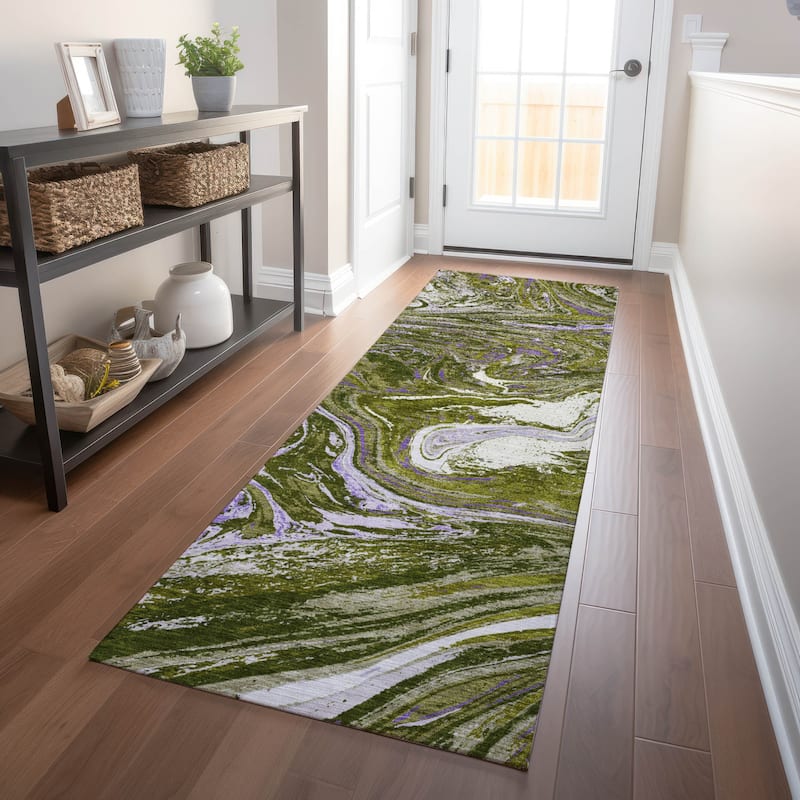 Machine Washable Indoor/ Outdoor Abstract Brushstroke Chantille Rug - Olive - 2'3" x 7'6"