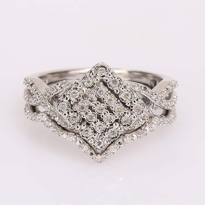 Miadora Sterling Silver 1/4ct TDW Diamond Vintage Clustered Split Shank Bridal Ring Set