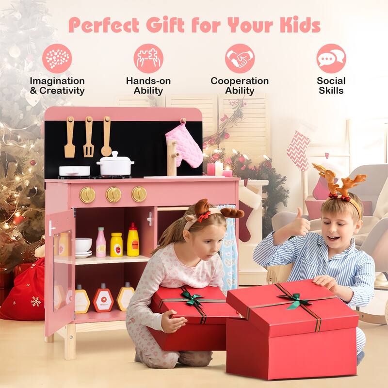 Gymax Play Kitchen for Kids w/ Door Curtain Stoves Sink & Oven