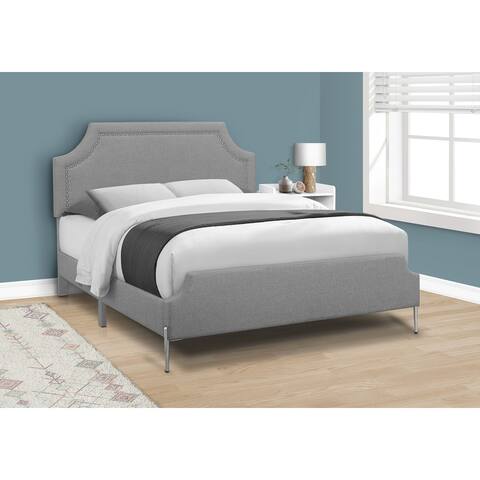 Bed, Queen Size, Platform, Bedroom, Frame, Upholstered, Linen Look, Metal Legs, Grey, Chrome, Transitional