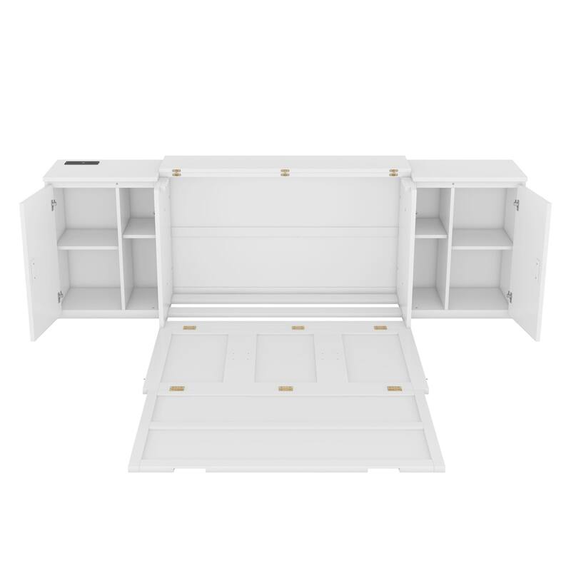 Full Size Multi-function Murphy Bed w/ USB Ports,Cabinets and Shelves