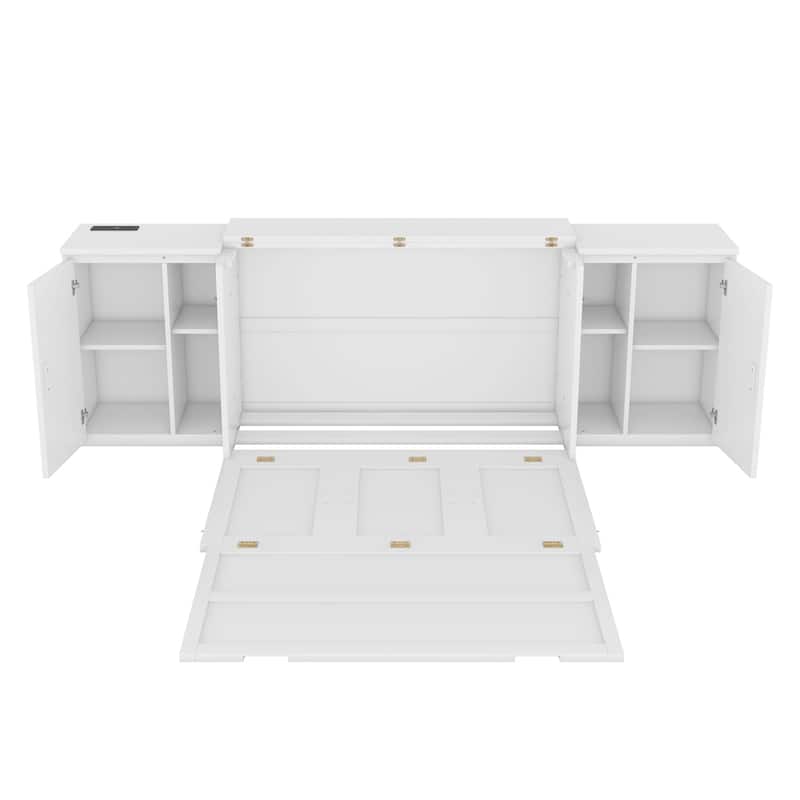 Full Size Murphy Bed with Shelves, Cabinets and USB Ports - White