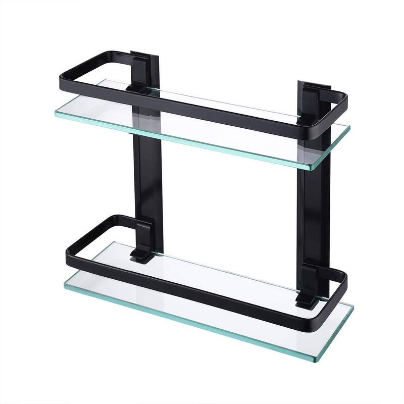 Wall Mount 2-Tier Black Bathroom Glass Floating Shelf