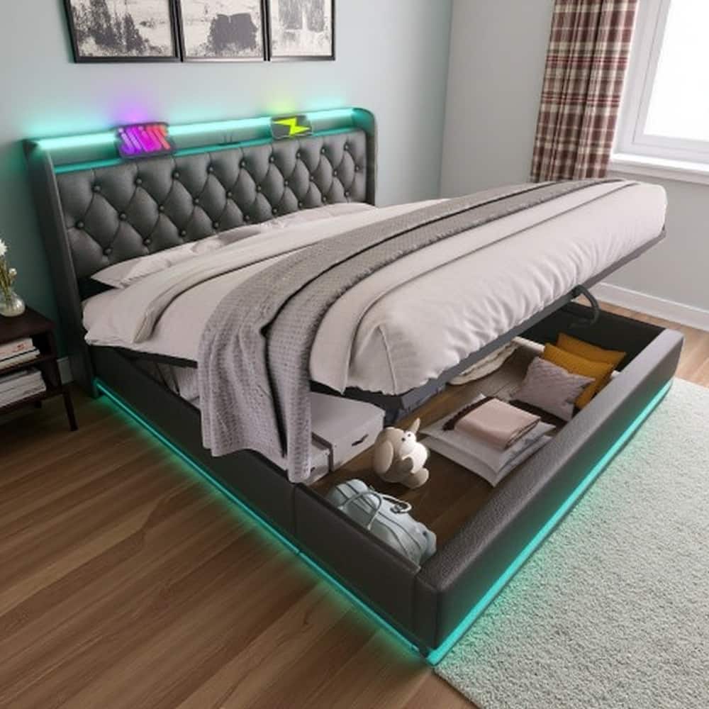 King Size Upholstered Storage Bed with 360° LED Lights, USB & Type-C Charging Ports, Hydraulic Lift, App/Remote Control
