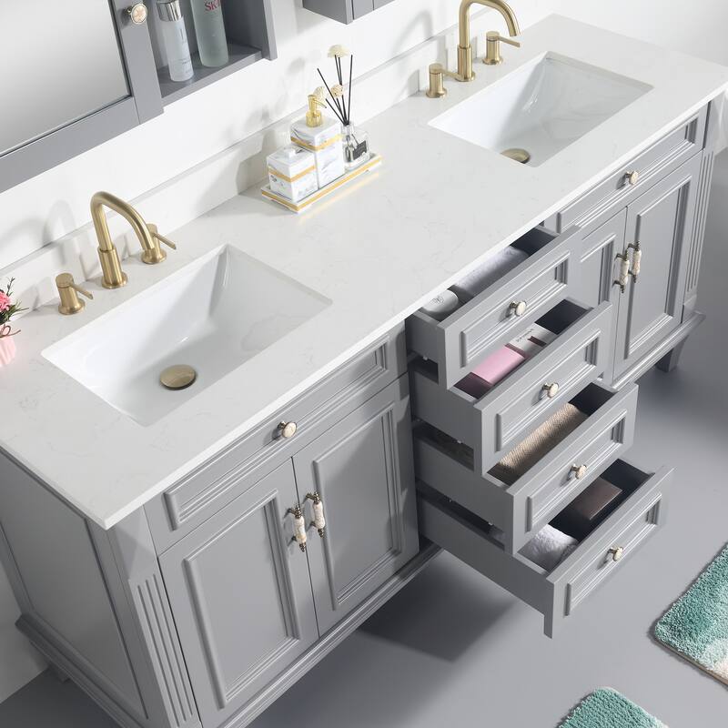 35'' H Solid Wood Bath Vanity with Stain-resistant Carrera White Quartz Top and Double Sink