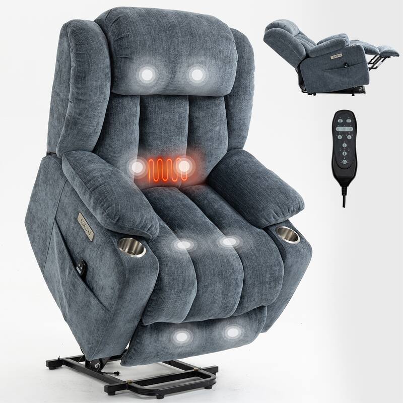 Roomfitters Heavy Duty Power Lift Recliner, Chenille Massage Chair with USB-C Charging and Stainless Cup Holders